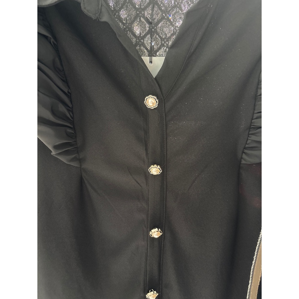 Pearl Button Black Ruffle Puff sleeve Blouse - Picture 8 of 14